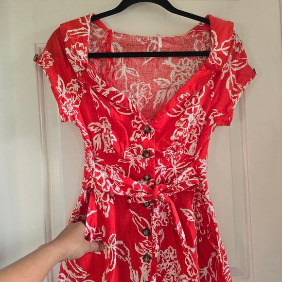 Free People a thing called love mini dress Linen Blend Florral Red Coral Size 4 - Picture 4 of 10